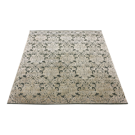 D.Green and Gold, Silk and Wool Oxidized Assorted Transitional Handknotted 7.9x8.0Ft 237x244Cms Area Rug