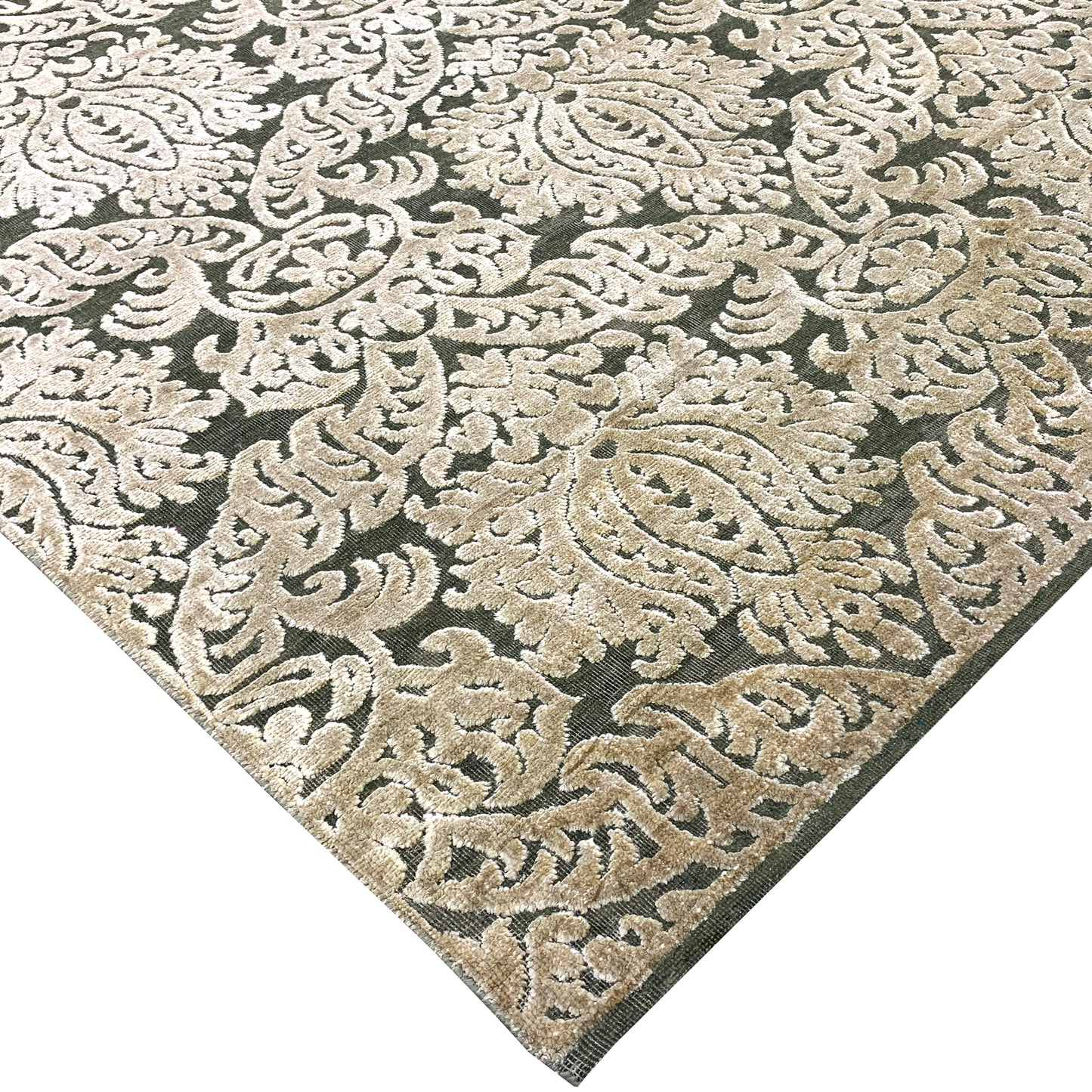 D.Green and Gold, Silk and Wool Oxidized Assorted Transitional Handknotted 7.9x8.0Ft 237x244Cms Area Rug