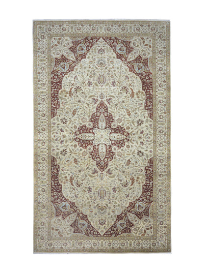 Ivory and Red, Pure Wool Traditional Assorted Handknotted 8.0x14.0Ft 245x416Cms Area Rug