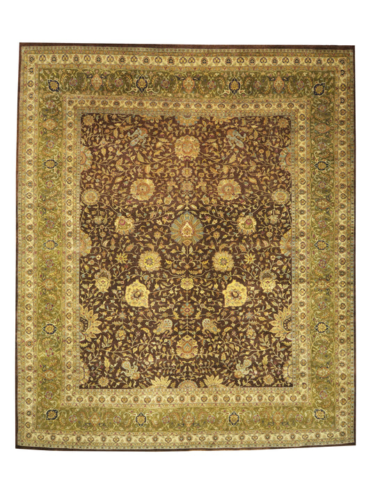 Brown and Gold, Pure Wool Regular Traditional Handknotted 11.11x14.5Ft 365x440Cms Area Rug