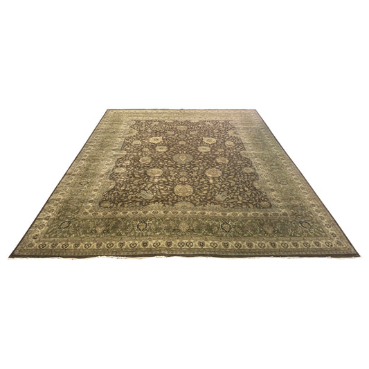 Brown and Gold, Pure Wool Regular Traditional Handknotted 11.11x14.5Ft 365x440Cms Area Rug