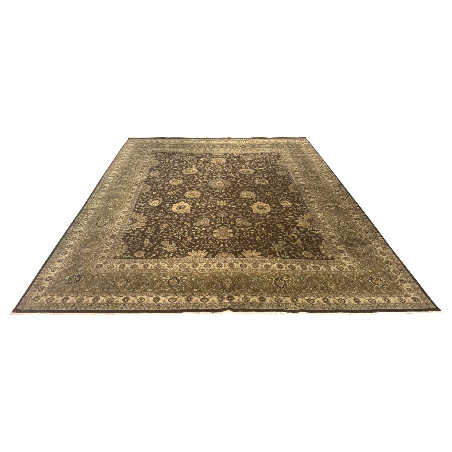 Brown and Gold, Pure Wool Regular Traditional Handknotted 11.11x14.5Ft 365x440Cms Area Rug