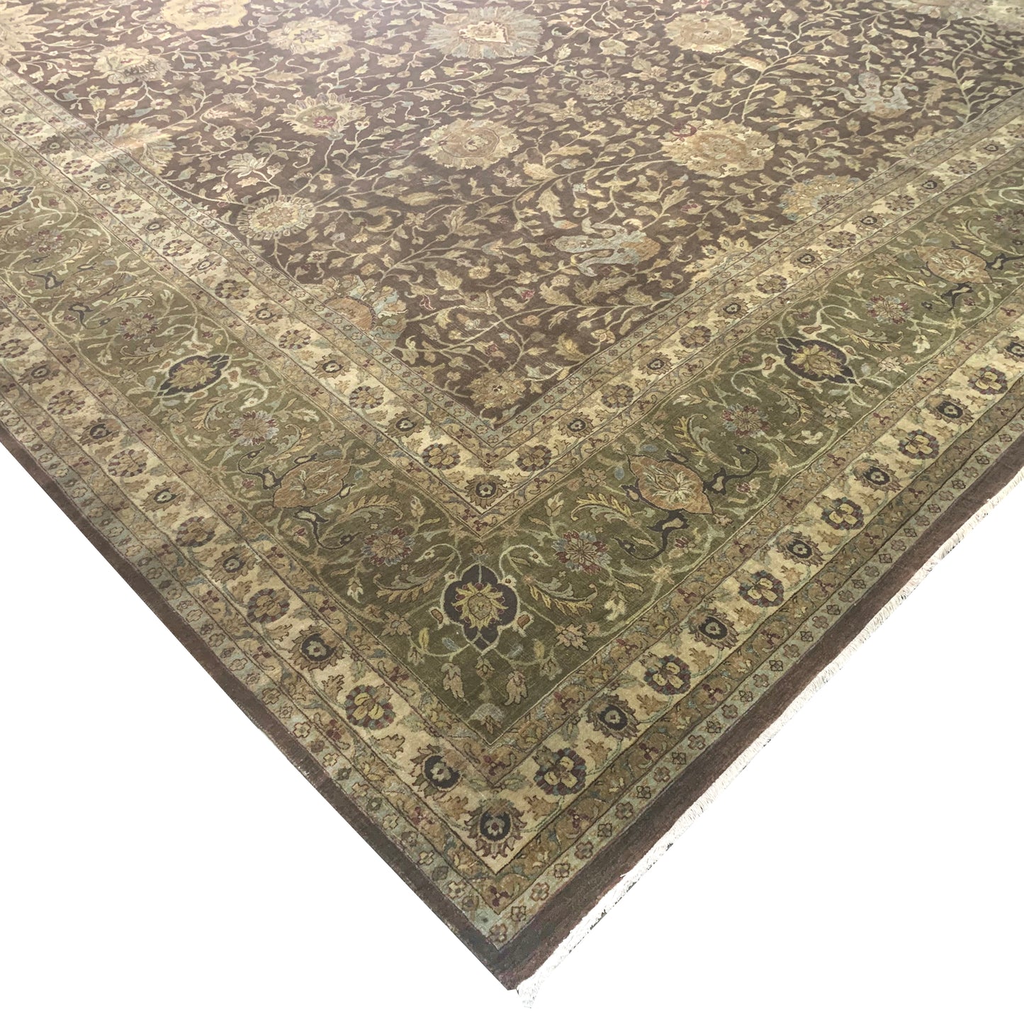 Brown and Gold, Pure Wool Regular Traditional Handknotted 11.11x14.5Ft 365x440Cms Area Rug