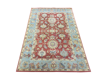 Rust L.Blue Pure Wool Traditional Luxury Handknotted Area Rug 3.10x5.10ft 117x177Cms