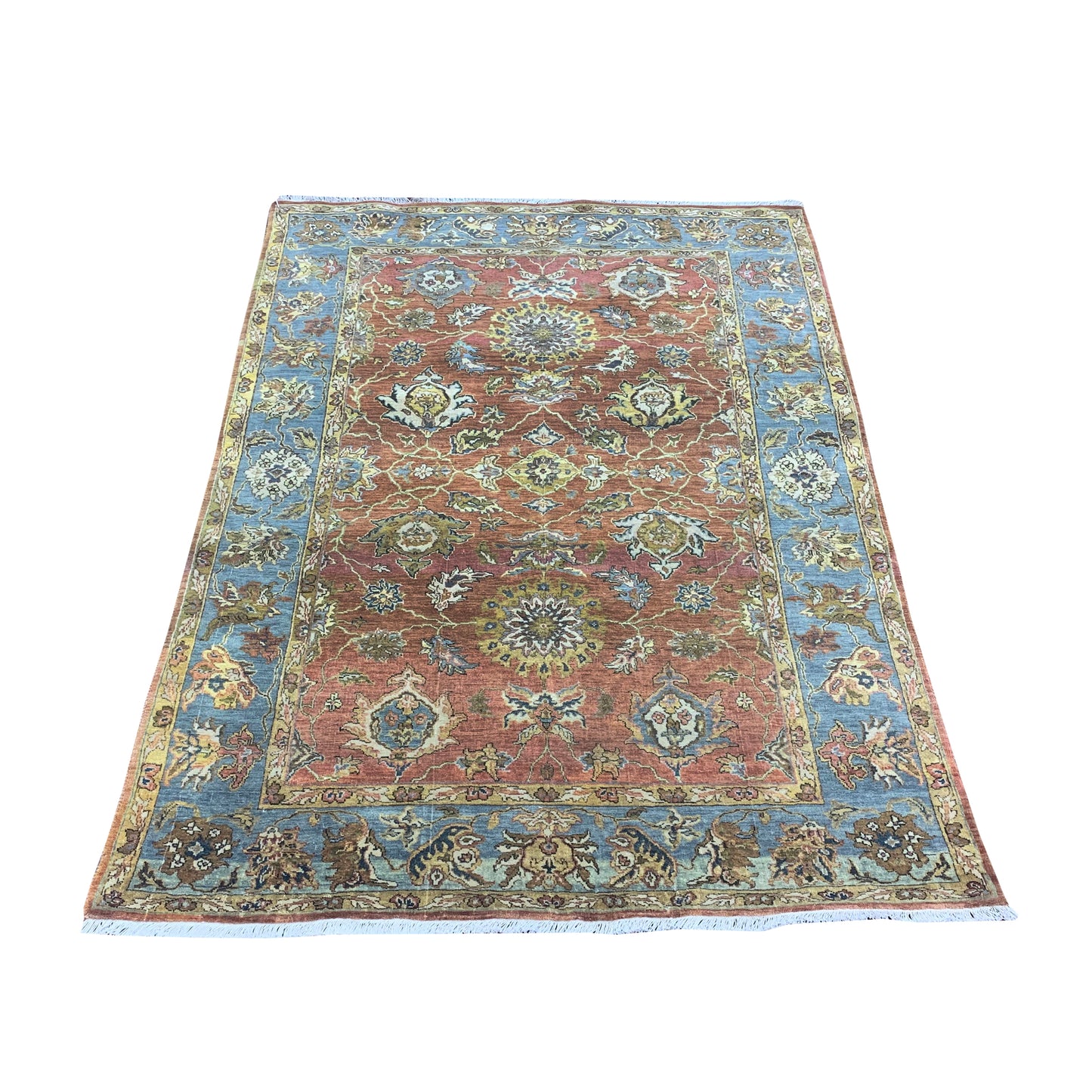 Rust Blue Pure Wool Traditional Luxury Handknotted Area Rug