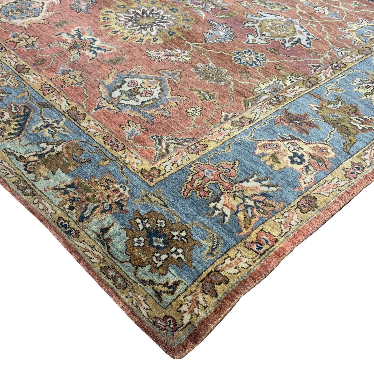 Rust Blue Pure Wool Traditional Luxury Handknotted Area Rug