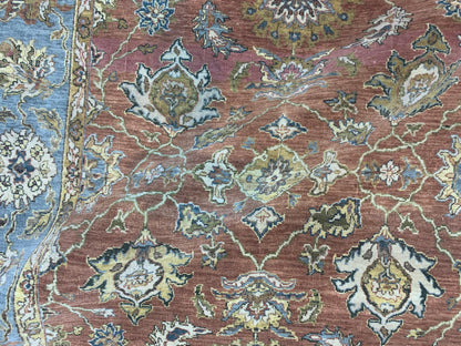 Rust Blue Pure Wool Traditional Luxury Handknotted Area Rug