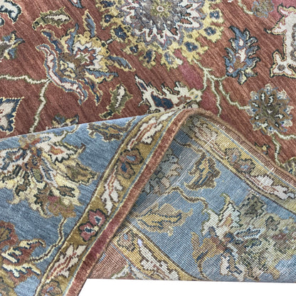 Rust Blue Pure Wool Traditional Luxury Handknotted Area Rug