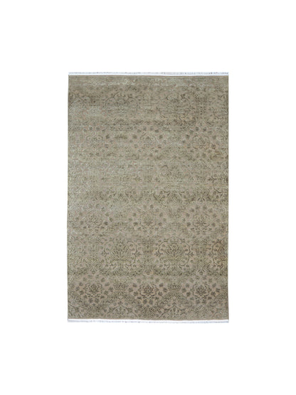 Camel Brown and Silver, Silk and Wool Oxidized Modern Damask Handknotted 6.0x8.11Ft 182x270Cms Area Rug