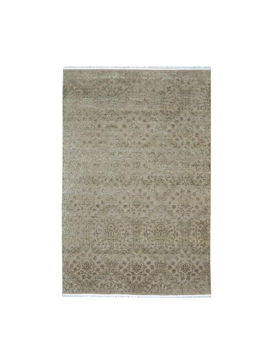 Camel Brown and Silver, Silk and Wool Oxidized Modern Damask Handknotted 6.0x8.11Ft 182x270Cms Area Rug