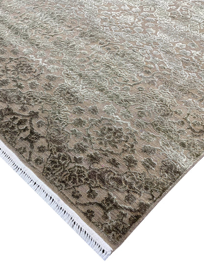 Camel Brown and Silver, Silk and Wool Oxidized Modern Damask Handknotted 6.0x8.11Ft 182x270Cms Area Rug