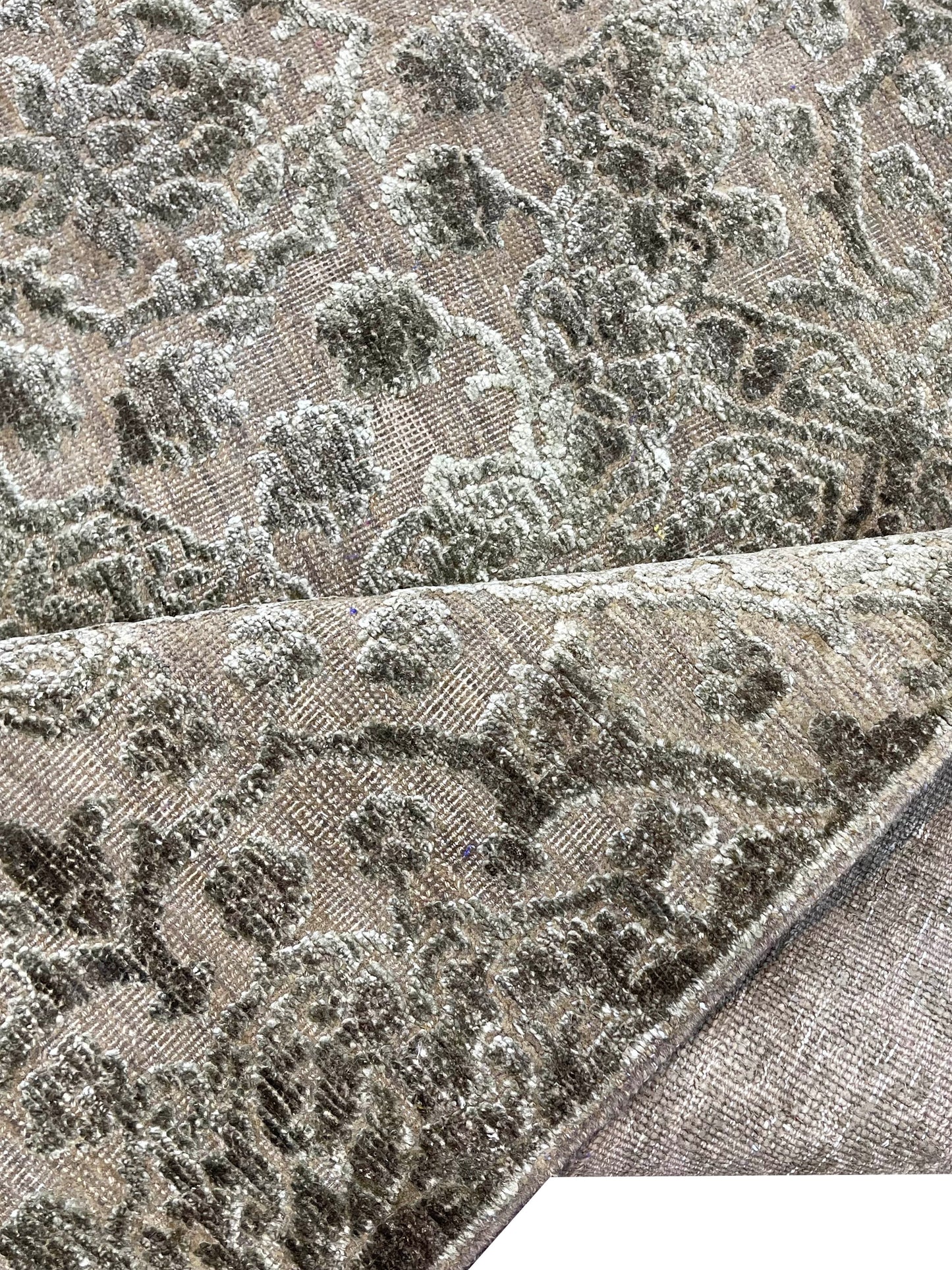 Camel Brown and Silver, Silk and Wool Oxidized Modern Damask Handknotted 6.0x8.11Ft 182x270Cms Area Rug