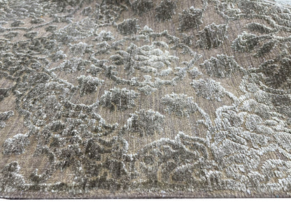 Camel Brown and Silver, Silk and Wool Oxidized Modern Damask Handknotted 6.0x8.11Ft 182x270Cms Area Rug