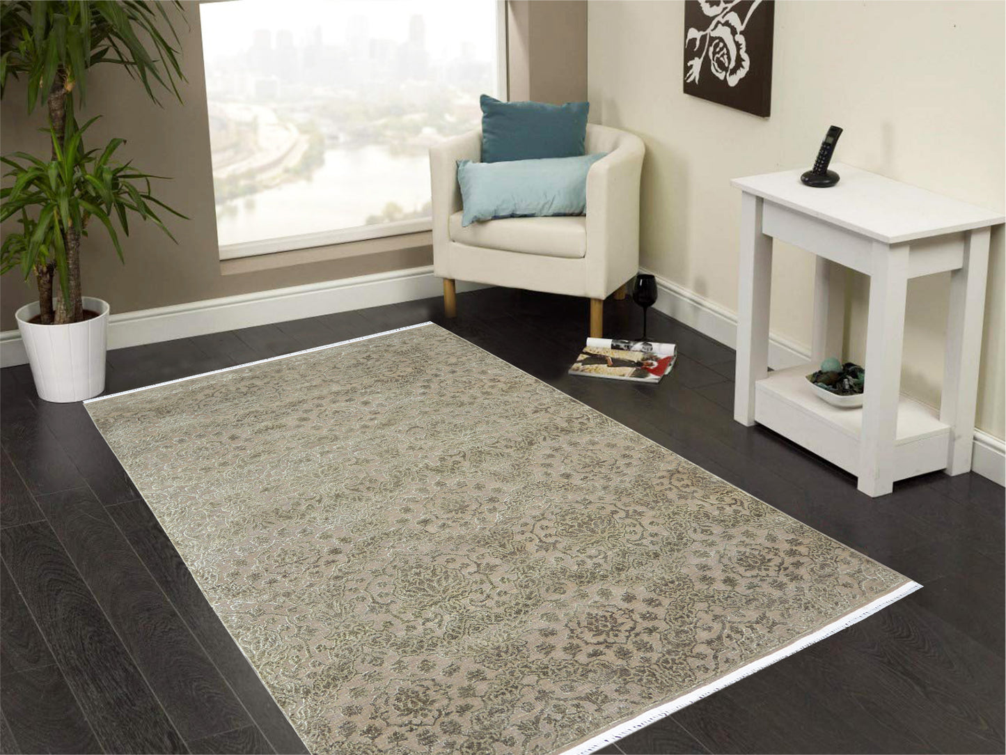Camel Brown and Silver, Silk and Wool Oxidized Modern Damask Handknotted 6.0x8.11Ft 182x270Cms Area Rug