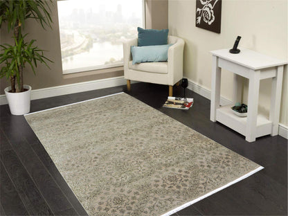 Camel Brown and Silver, Silk and Wool Oxidized Modern Damask Handknotted 6.0x8.11Ft 182x270Cms Area Rug