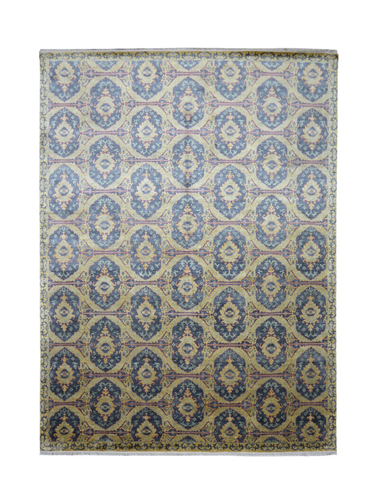 Mustard Blue, Pure Silk Transitional Ikat Handknotted 8.9x11.11Ft 266x363Cms Area Rug