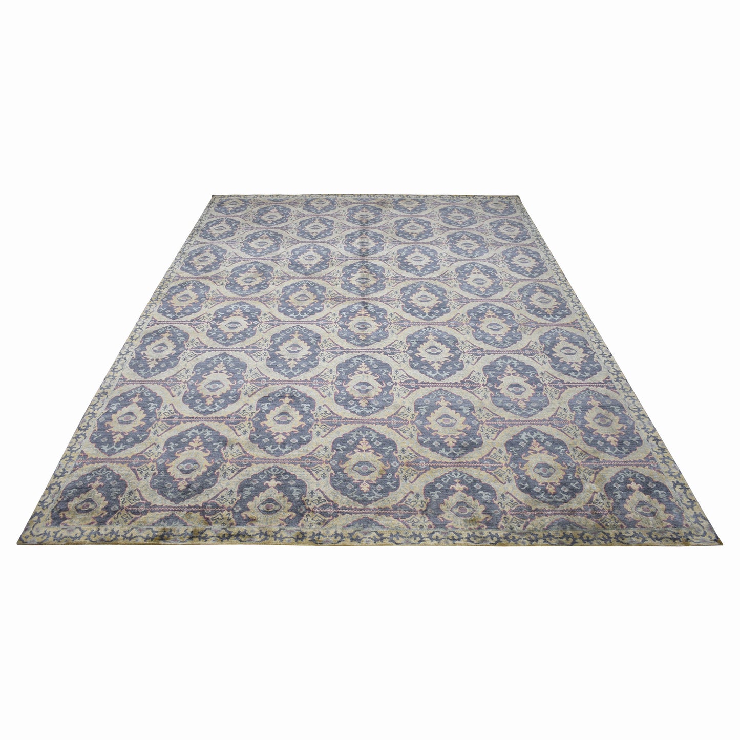 Mustard Blue, Pure Silk Transitional Ikat Handknotted 8.9x11.11Ft 266x363Cms Area Rug