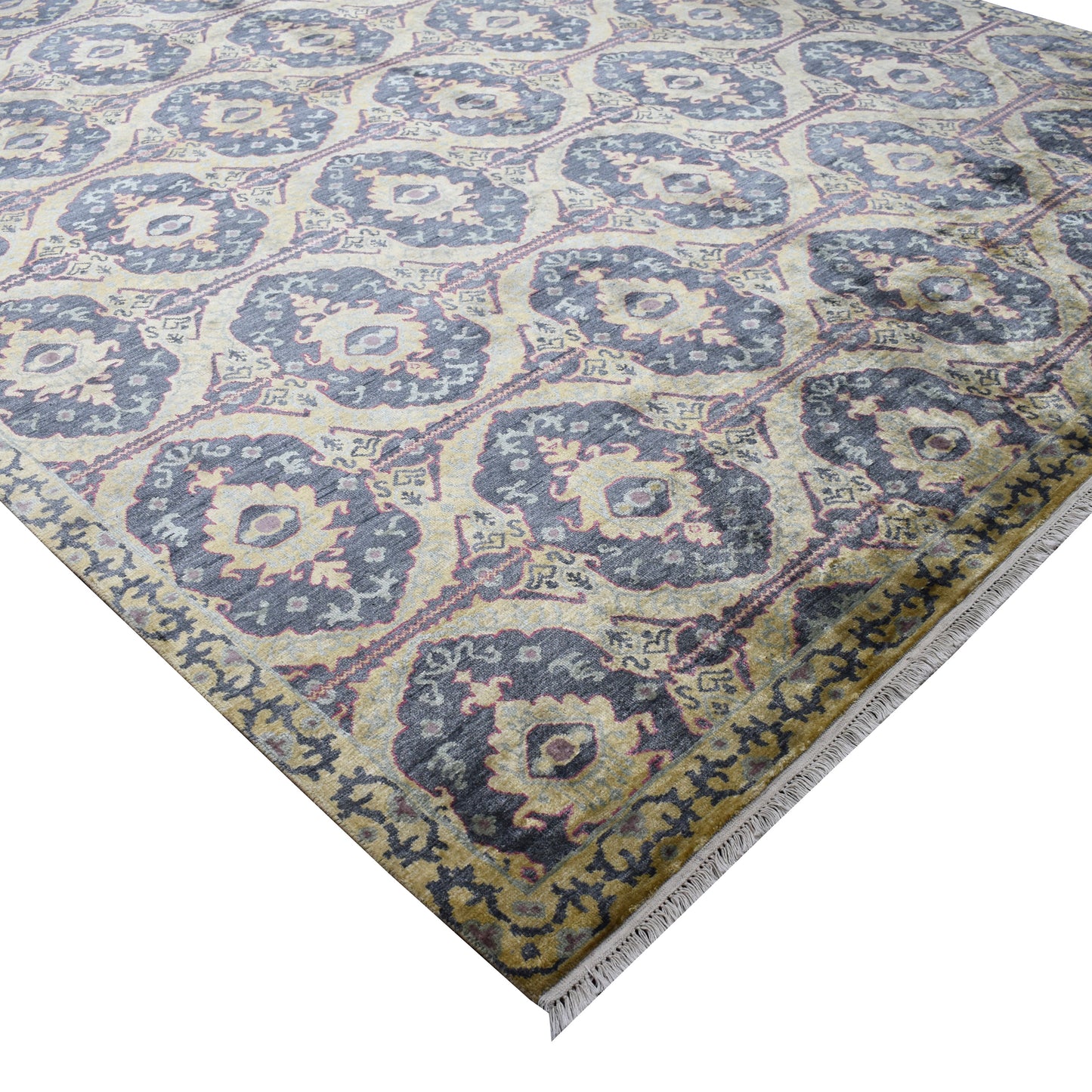 Mustard Blue, Pure Silk Transitional Ikat Handknotted 8.9x11.11Ft 266x363Cms Area Rug