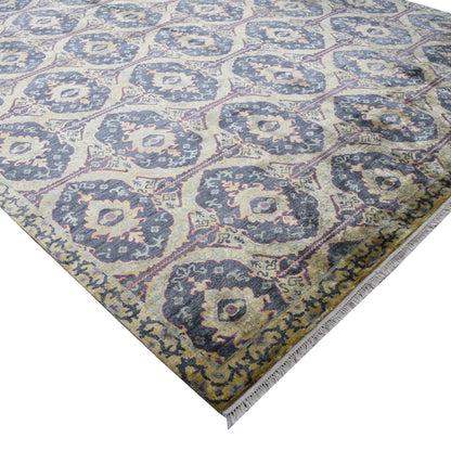 Mustard Blue, Pure Silk Transitional Ikat Handknotted 8.9x11.11Ft 266x363Cms Area Rug