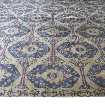 Mustard Blue, Pure Silk Transitional Ikat Handknotted 8.9x11.11Ft 266x363Cms Area Rug