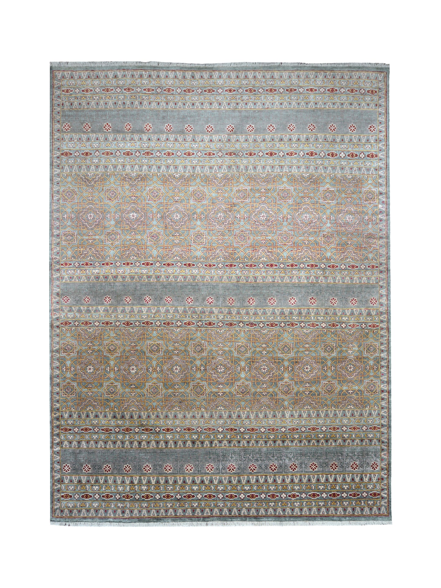 Grey Red Ivory, Pure Silk Transitional Geometrical Handknotted 8.9x11.11Ft 267x362Cms Area Rug