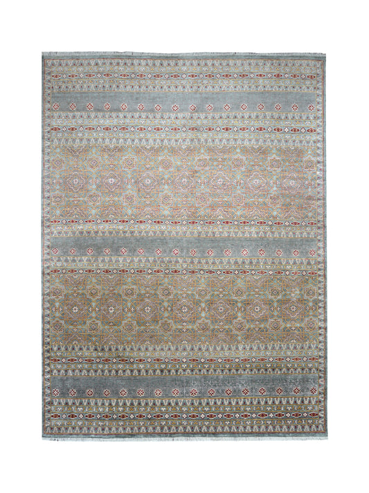 Grey Red Ivory, Pure Silk Transitional Geometrical Handknotted 8.9x11.11Ft 267x362Cms Area Rug