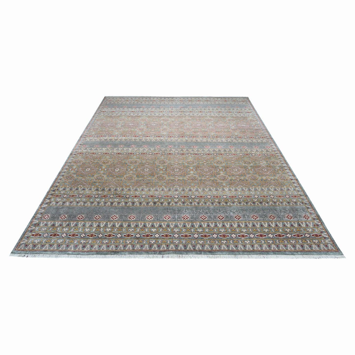 Grey Red Ivory, Pure Silk Transitional Geometrical Handknotted 8.9x11.11Ft 267x362Cms Area Rug