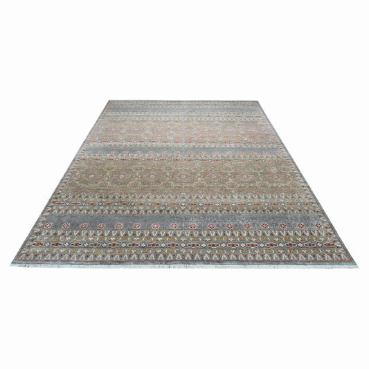 Grey Red Ivory, Pure Silk Transitional Geometrical Handknotted 8.9x11.11Ft 267x362Cms Area Rug