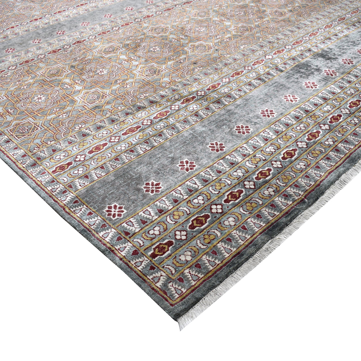 Grey Red Ivory, Pure Silk Transitional Geometrical Handknotted 8.9x11.11Ft 267x362Cms Area Rug