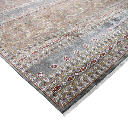 Grey Red Ivory, Pure Silk Transitional Geometrical Handknotted 8.9x11.11Ft 267x362Cms Area Rug