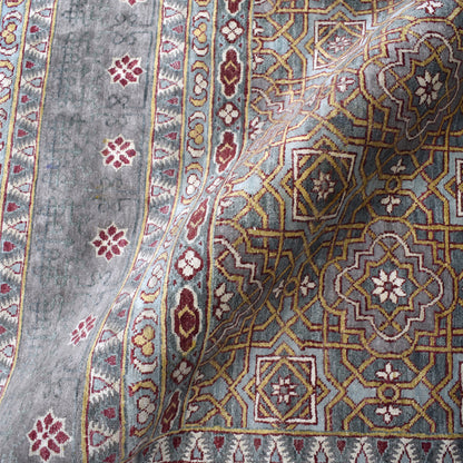 Grey Red Ivory, Pure Silk Transitional Geometrical Handknotted 8.9x11.11Ft 267x362Cms Area Rug