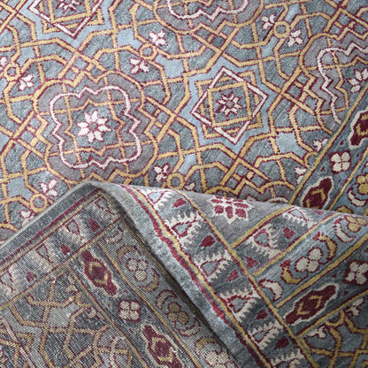 Grey Red Ivory, Pure Silk Transitional Geometrical Handknotted 8.9x11.11Ft 267x362Cms Area Rug