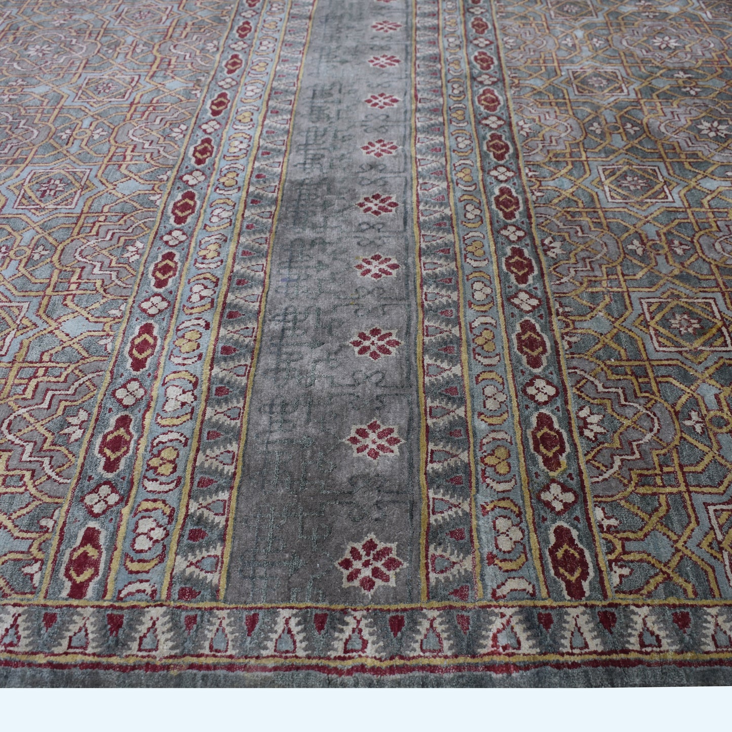 Grey Red Ivory, Pure Silk Transitional Geometrical Handknotted 8.9x11.11Ft 267x362Cms Area Rug