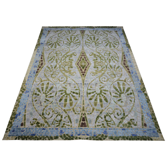 Malibu Ivory, Green and Light Blue Transitional Muzak Handknotted 7.11x10.7Ft 241x322Cms Area Rug