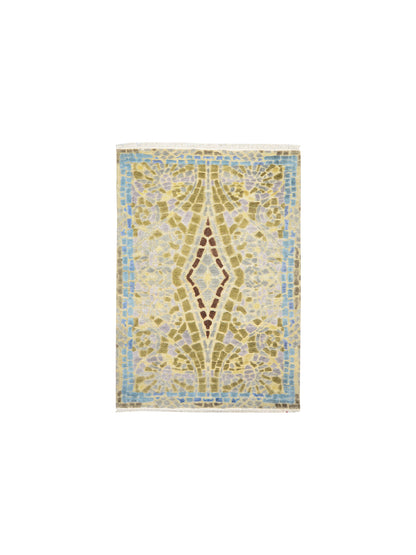 Grey and Gold, Silk and Wool Oxidized Modern Handknotted 4.0x6.1Ft 122x185Cms Area Rug