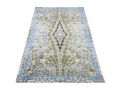 Grey and Gold, Silk and Wool Oxidized Modern Handknotted 4.0x6.1Ft 122x185Cms Area Rug