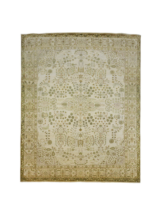 Garden Ivory, Green and Camel Traditional Kashan Pure Wool Luxury Handknotted Area Rug