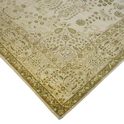 Garden Ivory, Green and Camel Traditional Kashan Pure Wool Luxury Handknotted Area Rug