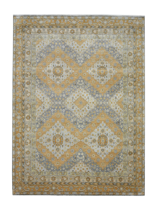 Gold and Grey Pure Silk Traditional Handknotted Area Rug 9.0x12.3ft 274x373Cms