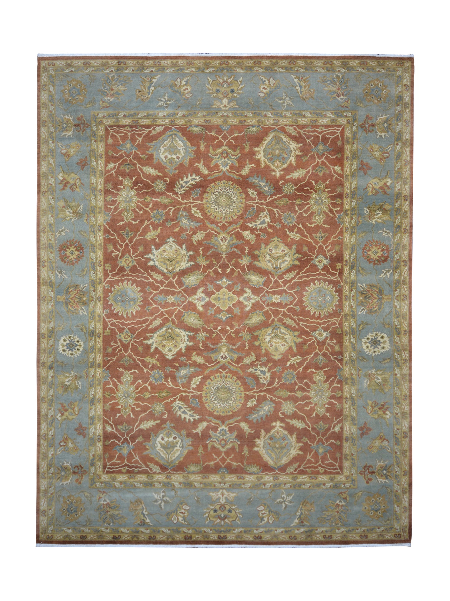 L. Blue and Rust, Pure Wool Regular Traditional Handknotted 9.10x12.11Ft 299x392Cms Area Rug