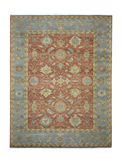 L. Blue and Rust, Pure Wool Regular Traditional Handknotted 9.10x12.11Ft 299x392Cms Area Rug