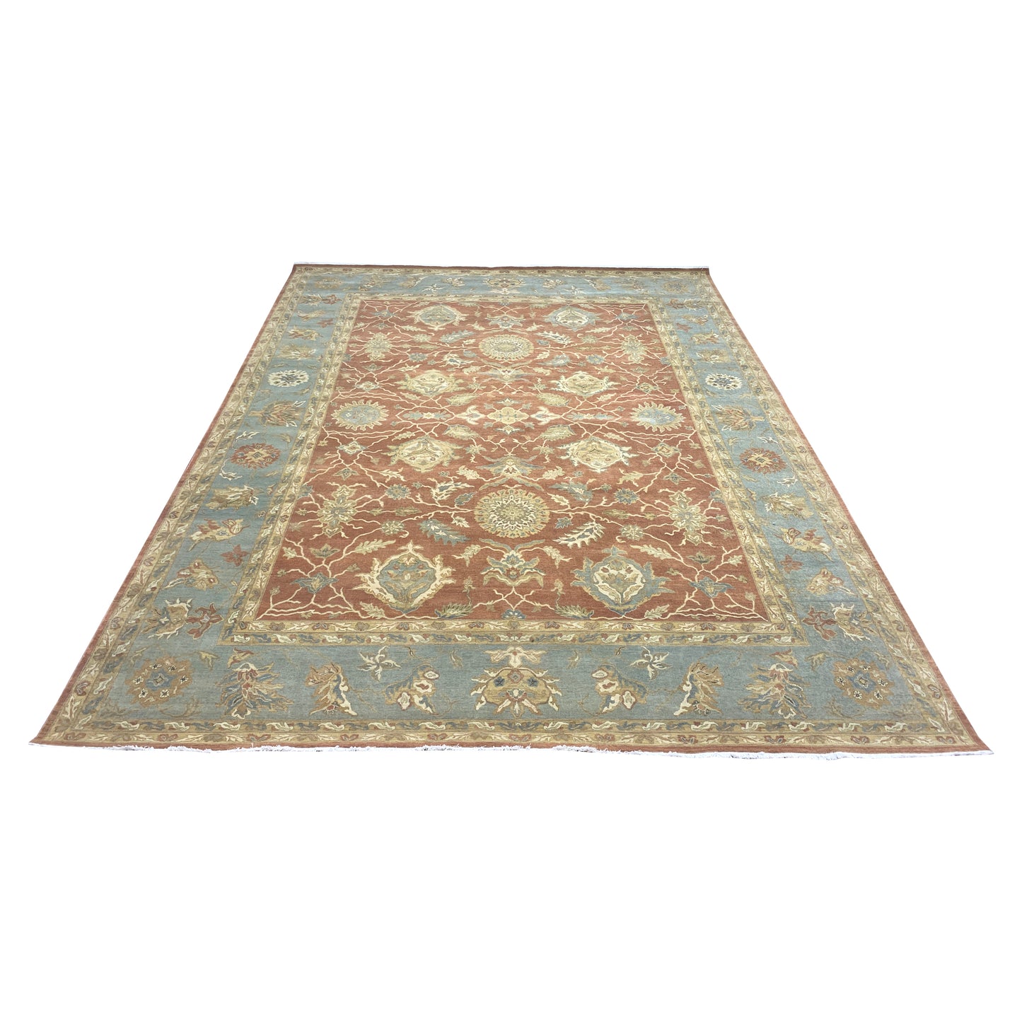L. Blue and Rust, Pure Wool Regular Traditional Handknotted 9.10x12.11Ft 299x392Cms Area Rug