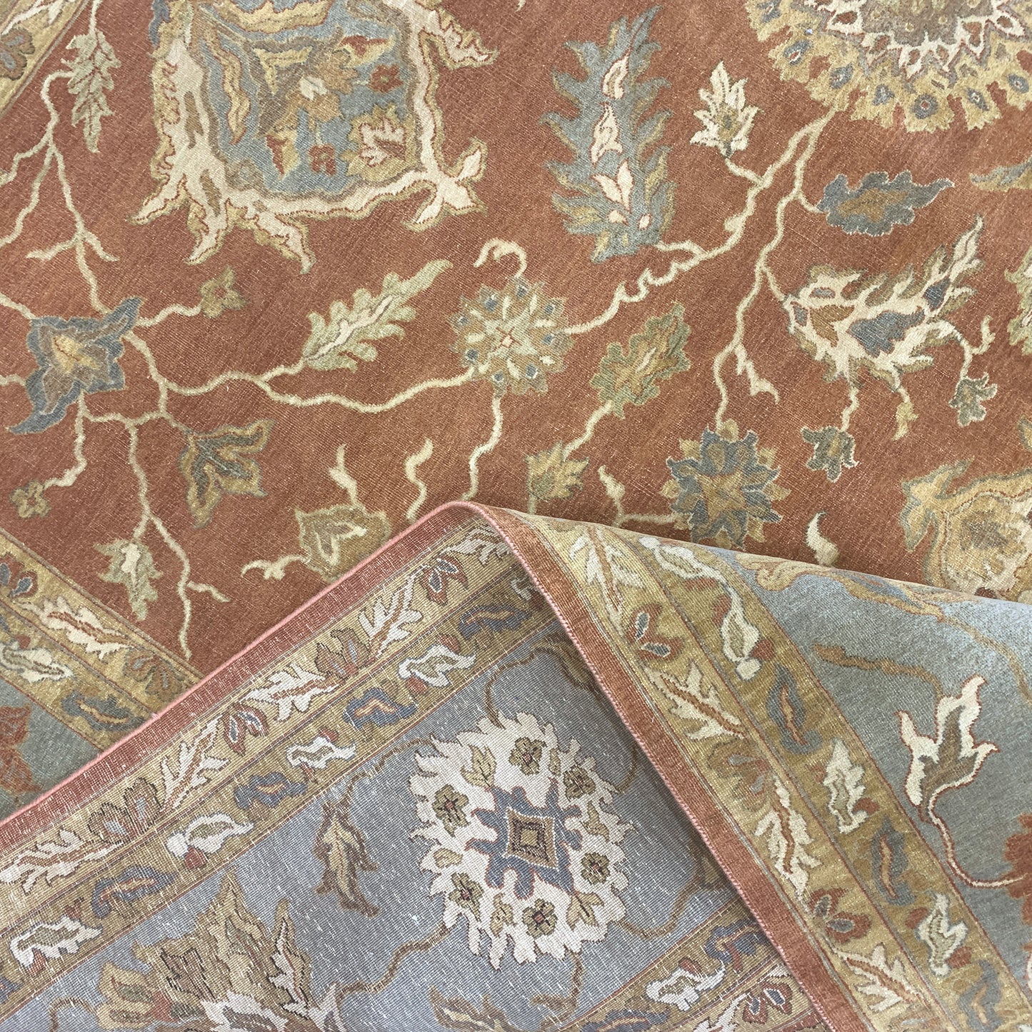 L. Blue and Rust, Pure Wool Regular Traditional Handknotted 9.10x12.11Ft 299x392Cms Area Rug