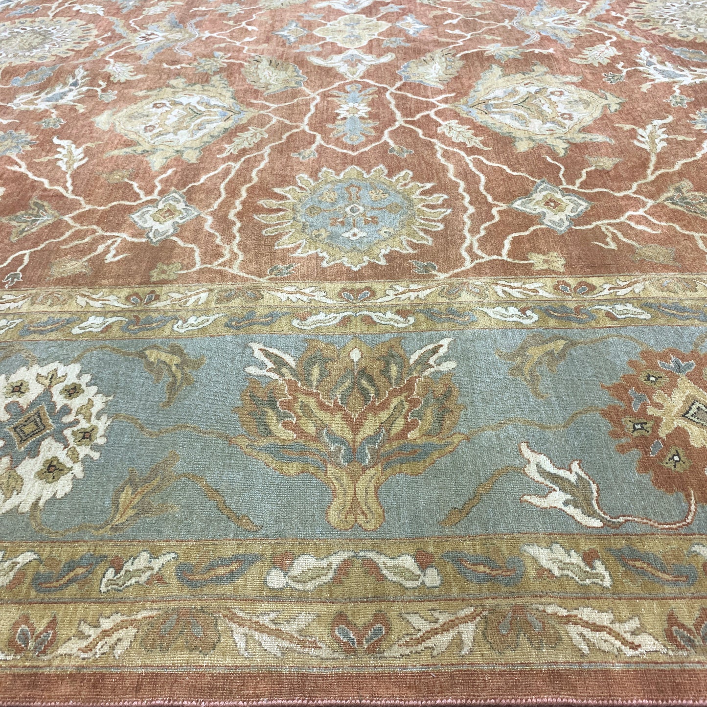 L. Blue and Rust, Pure Wool Regular Traditional Handknotted 9.10x12.11Ft 299x392Cms Area Rug
