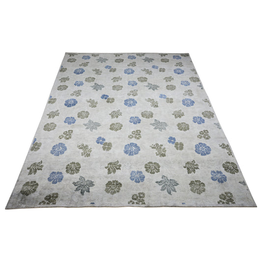 Floral Ivory, Blue, Green and Grey Transitional Pure Silk Handknotted 7.7x10.2Ft 230x309Cms Area Rug