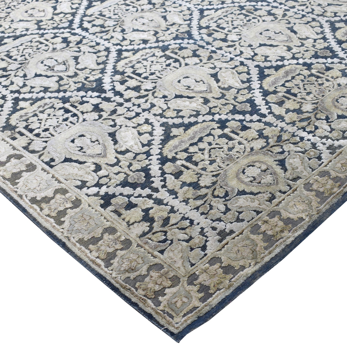 Blue Ivory, Silk Wool Oxidized Transitional Handknotted 8.10x12.0Ft 268x366Cms Area Rug