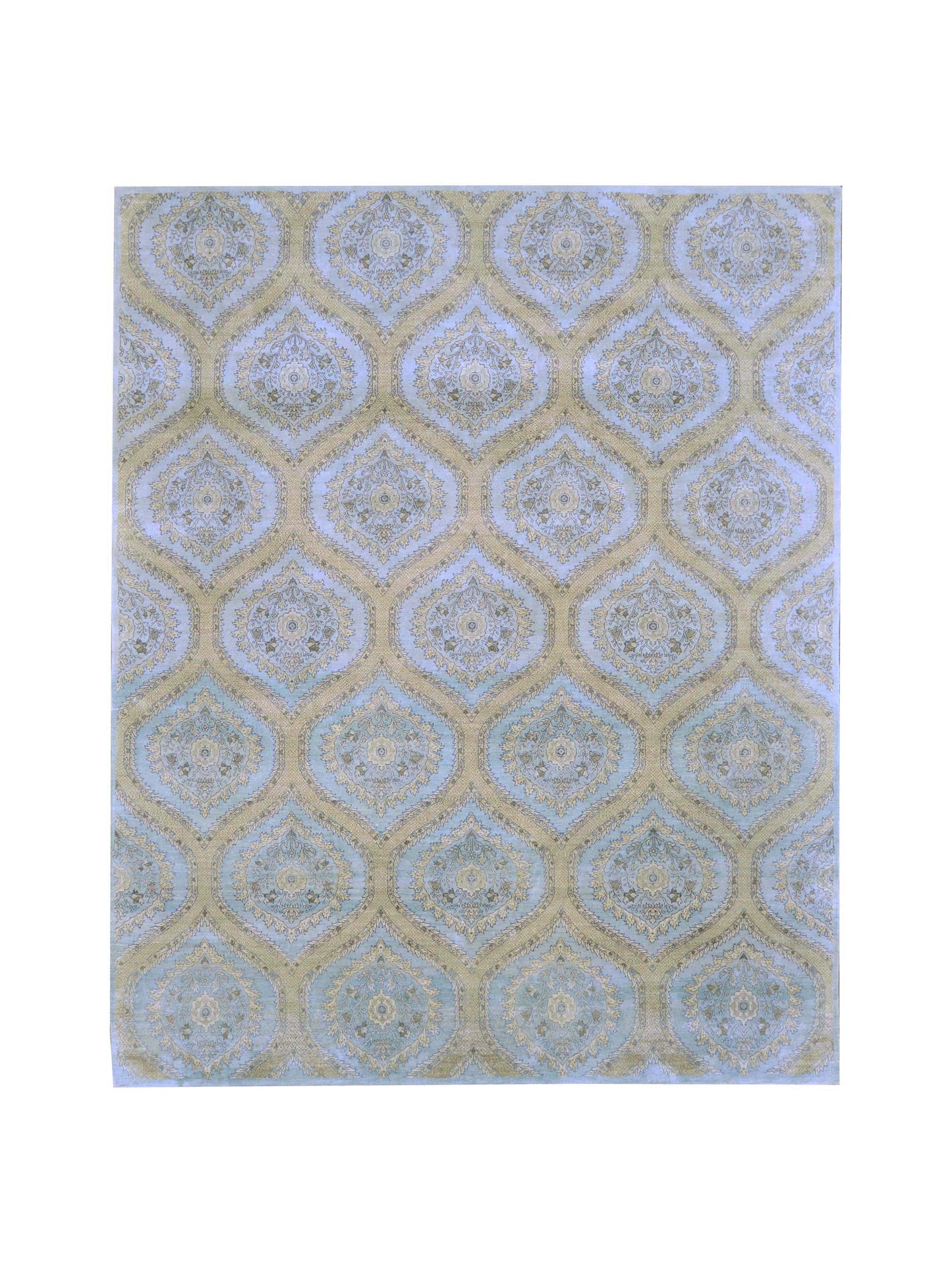 Blue and Camel, Pure Silk Regular Transitional Handknotted 8.0x10.0Ft 244x305Cms Area Rug
