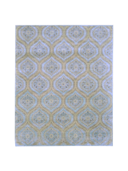 Blue and Camel, Pure Silk Regular Transitional Handknotted 8.0x10.0Ft 244x305Cms Area Rug