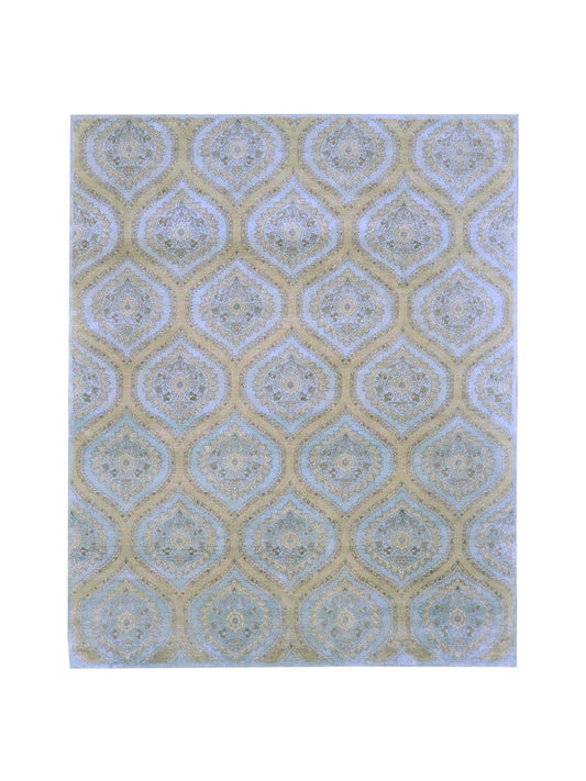 Blue and Camel, Pure Silk Regular Transitional Handknotted 8.0x10.0Ft 244x305Cms Area Rug