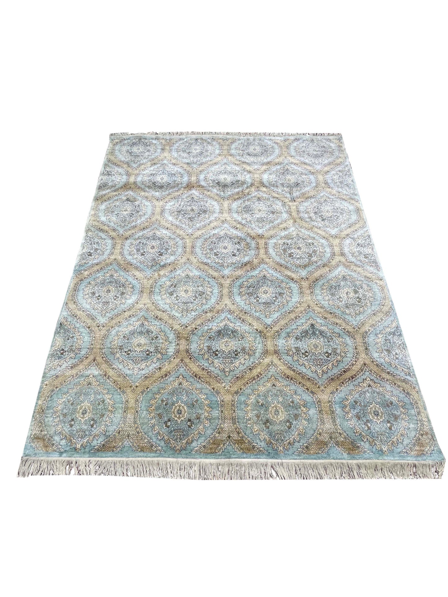 Blue and Camel, Pure Silk Regular Transitional Handknotted 8.0x10.0Ft 244x305Cms Area Rug